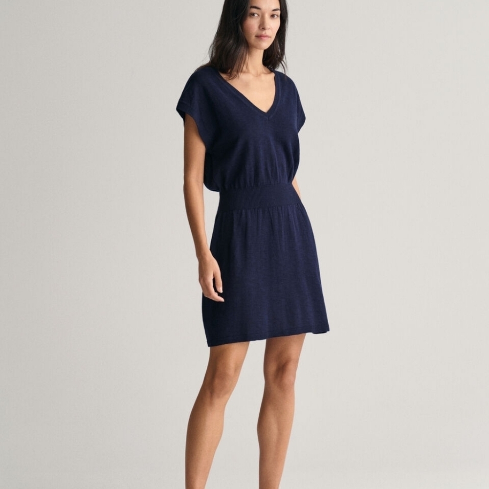 Gant Navy Blue Linen Cotton Silk Knit Short Sleeve V-Neck Relaxed Mini Dress